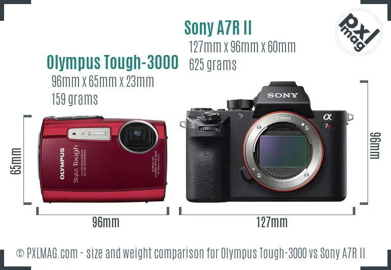 Olympus Tough-3000 vs Sony A7R II size comparison