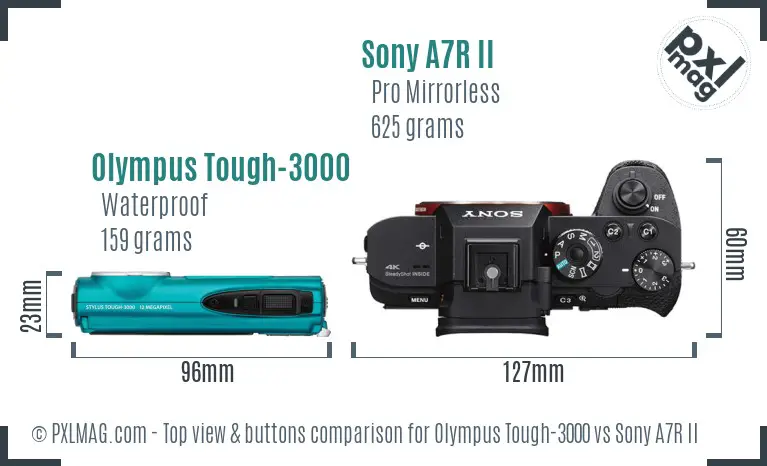 Olympus Tough-3000 vs Sony A7R II top view buttons comparison