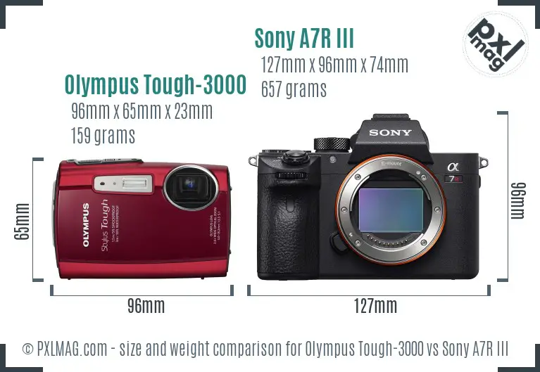 Olympus Tough-3000 vs Sony A7R III size comparison