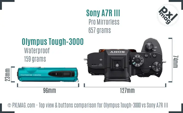 Olympus Tough-3000 vs Sony A7R III top view buttons comparison