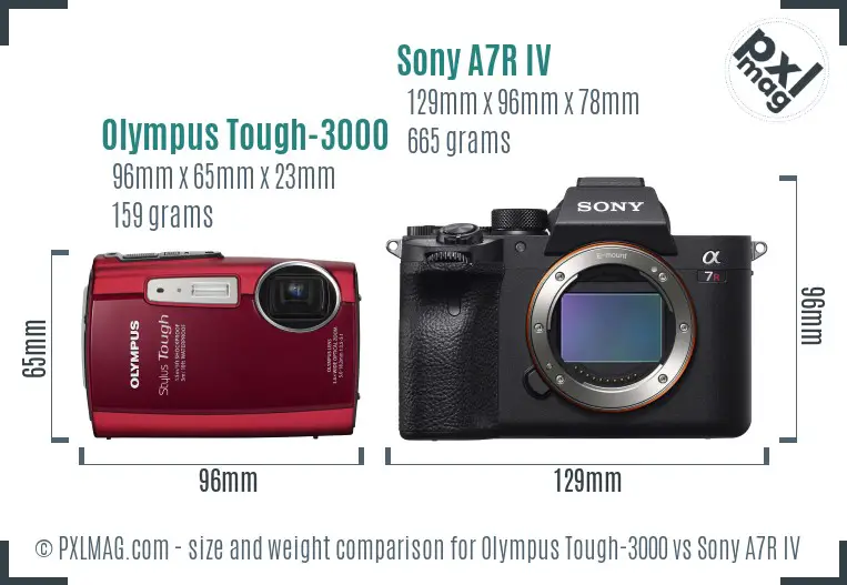 Olympus Tough-3000 vs Sony A7R IV size comparison