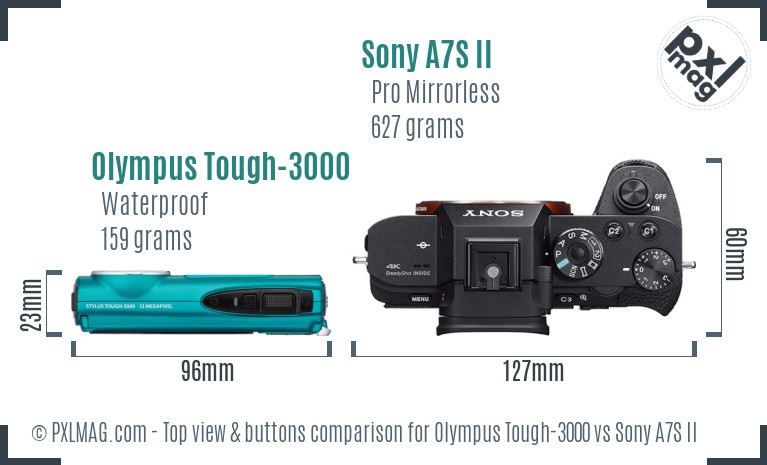 Olympus Tough-3000 vs Sony A7S II top view buttons comparison