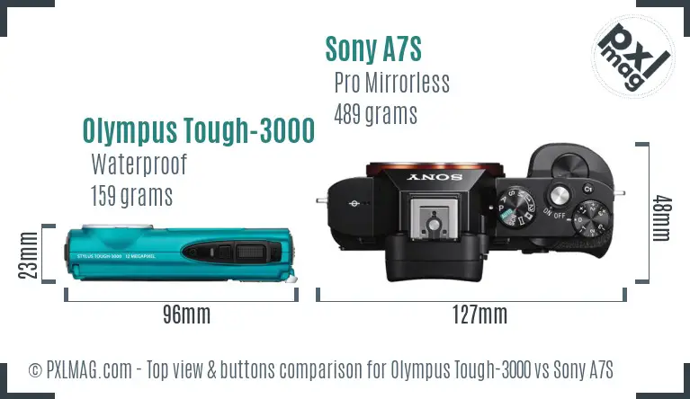 Olympus Tough-3000 vs Sony A7S top view buttons comparison