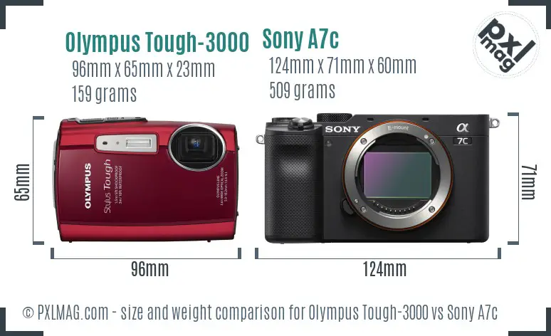 Olympus Tough-3000 vs Sony A7c size comparison