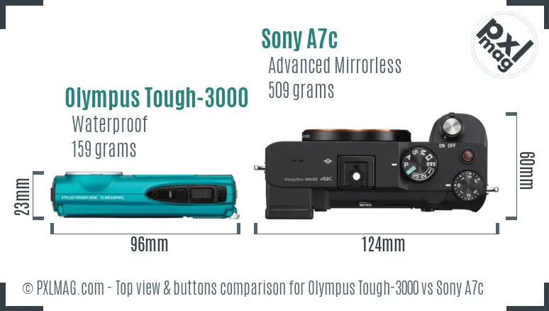 Olympus Tough-3000 vs Sony A7c top view buttons comparison