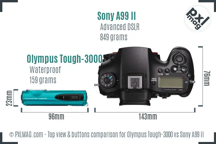 Olympus Tough-3000 vs Sony A99 II top view buttons comparison