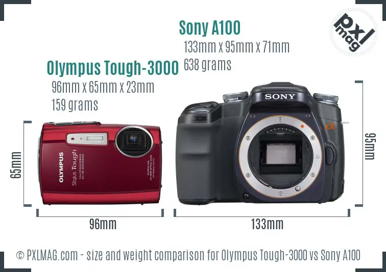 Olympus Tough-3000 vs Sony A100 size comparison