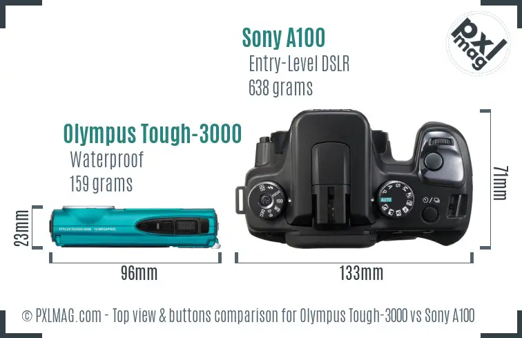 Olympus Tough-3000 vs Sony A100 top view buttons comparison