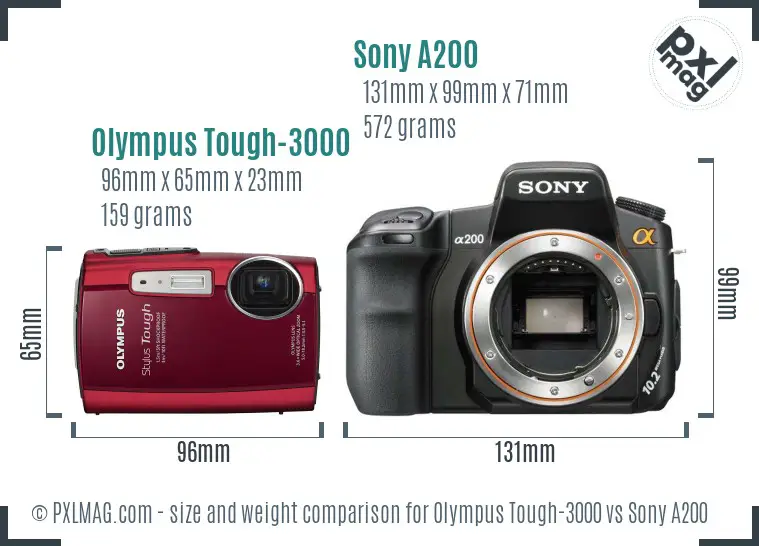 Olympus Tough-3000 vs Sony A200 size comparison