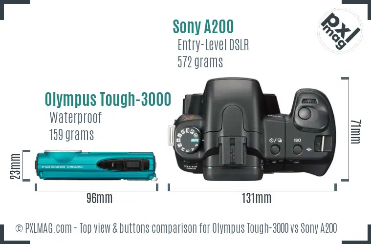 Olympus Tough-3000 vs Sony A200 top view buttons comparison