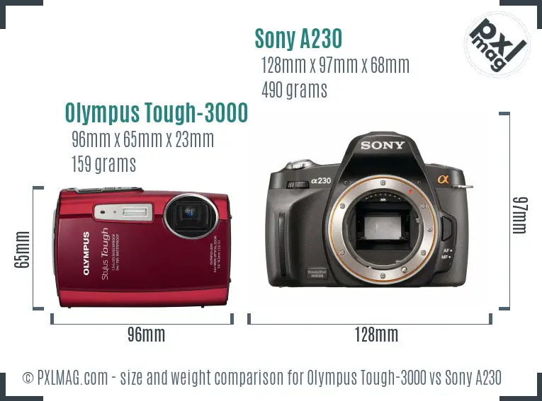Olympus Tough-3000 vs Sony A230 size comparison