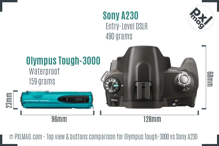 Olympus Tough-3000 vs Sony A230 top view buttons comparison