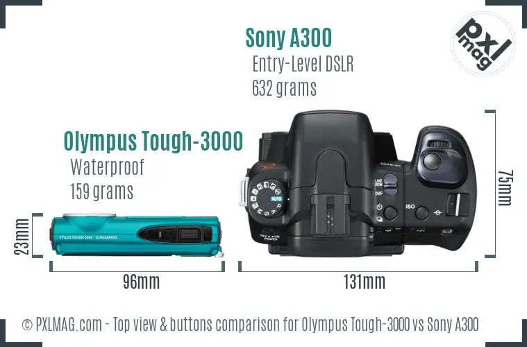 Olympus Tough-3000 vs Sony A300 top view buttons comparison