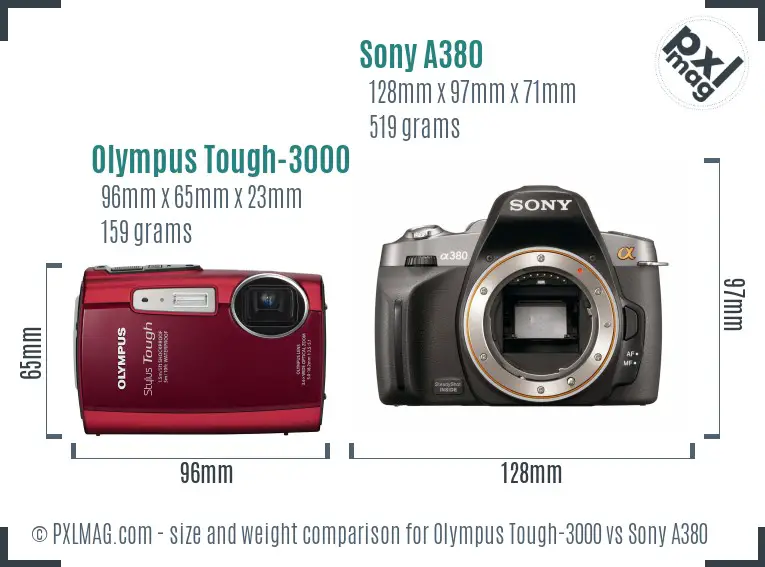 Olympus Tough-3000 vs Sony A380 size comparison