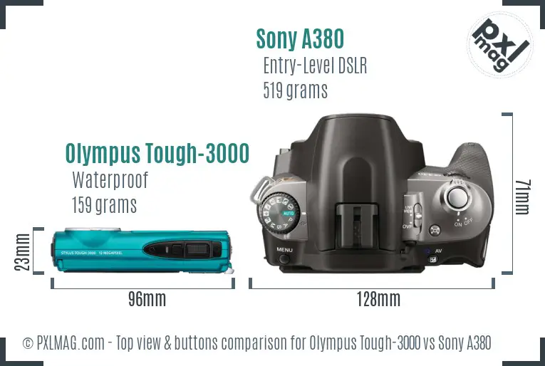 Olympus Tough-3000 vs Sony A380 top view buttons comparison
