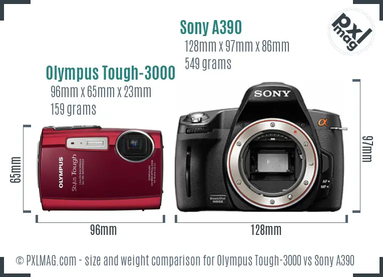 Olympus Tough-3000 vs Sony A390 size comparison