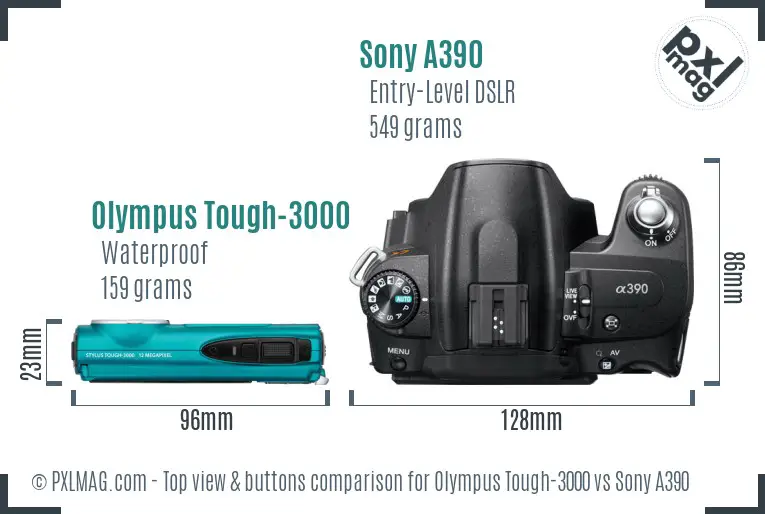 Olympus Tough-3000 vs Sony A390 top view buttons comparison