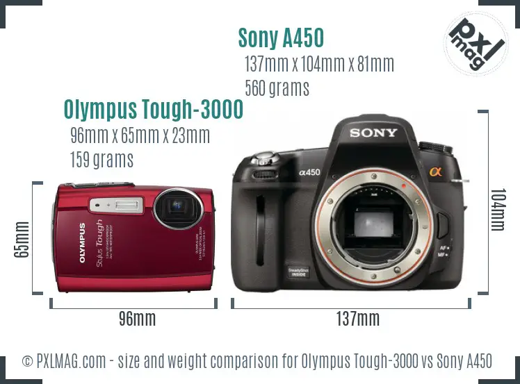 Olympus Tough-3000 vs Sony A450 size comparison