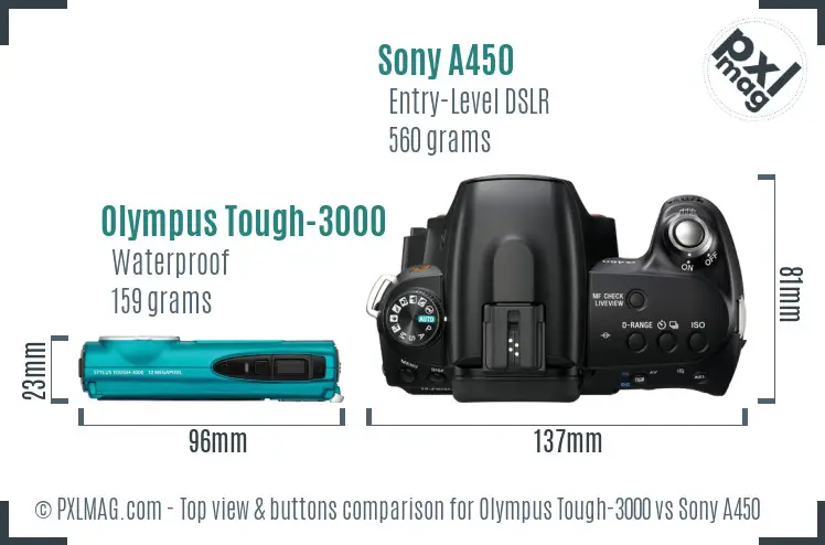 Olympus Tough-3000 vs Sony A450 top view buttons comparison