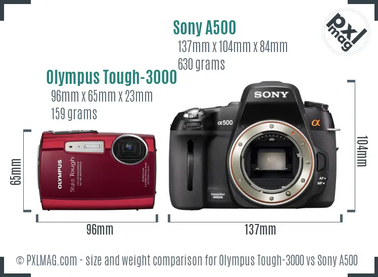 Olympus Tough-3000 vs Sony A500 size comparison