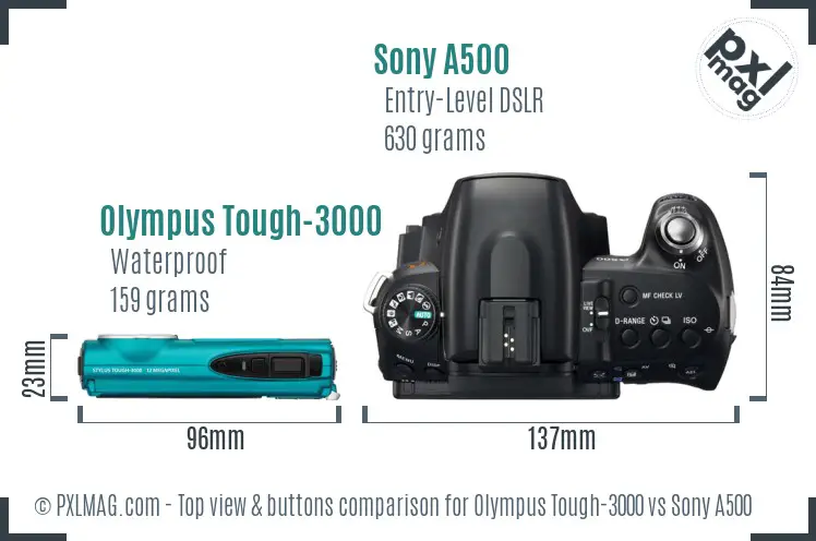 Olympus Tough-3000 vs Sony A500 top view buttons comparison