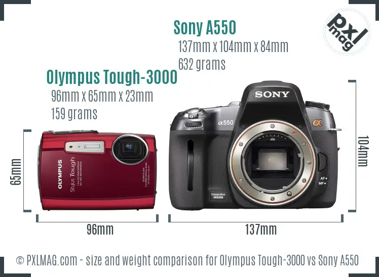 Olympus Tough-3000 vs Sony A550 size comparison