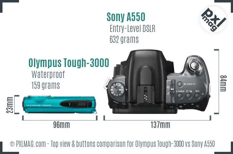 Olympus Tough-3000 vs Sony A550 top view buttons comparison
