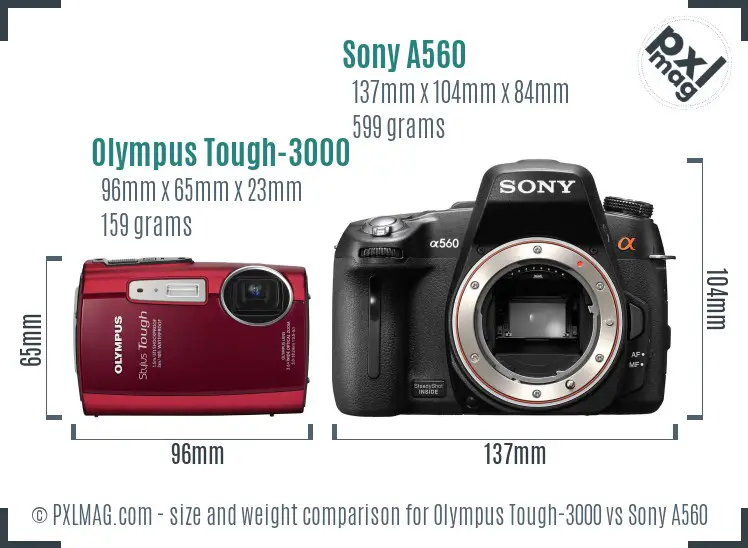 Olympus Tough-3000 vs Sony A560 size comparison