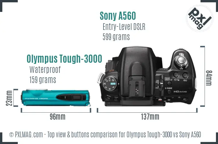 Olympus Tough-3000 vs Sony A560 top view buttons comparison