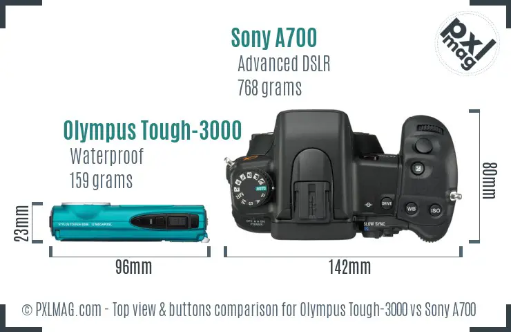 Olympus Tough-3000 vs Sony A700 top view buttons comparison