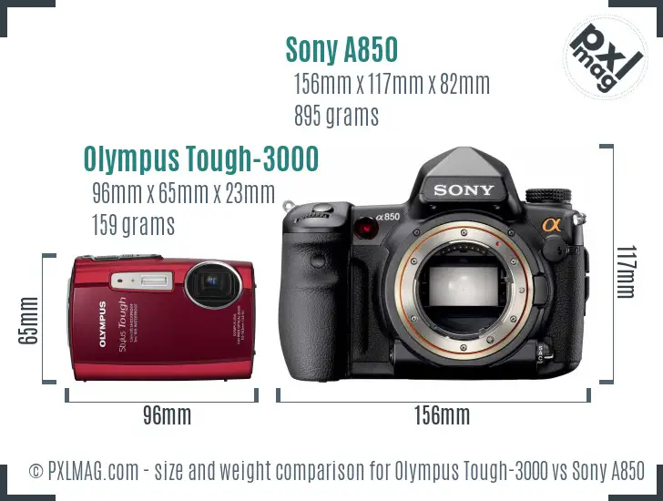 Olympus Tough-3000 vs Sony A850 size comparison