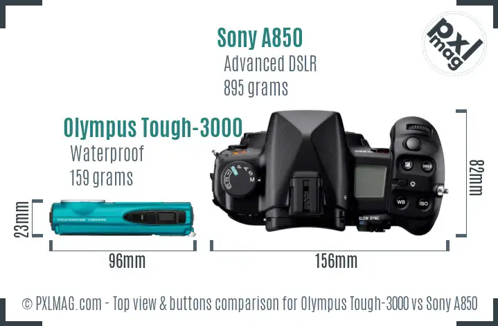 Olympus Tough-3000 vs Sony A850 top view buttons comparison
