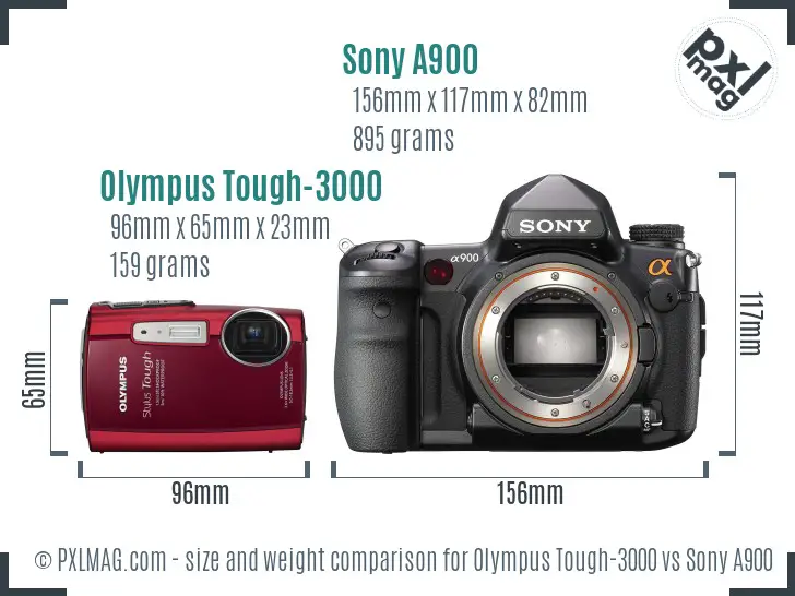 Olympus Tough-3000 vs Sony A900 size comparison
