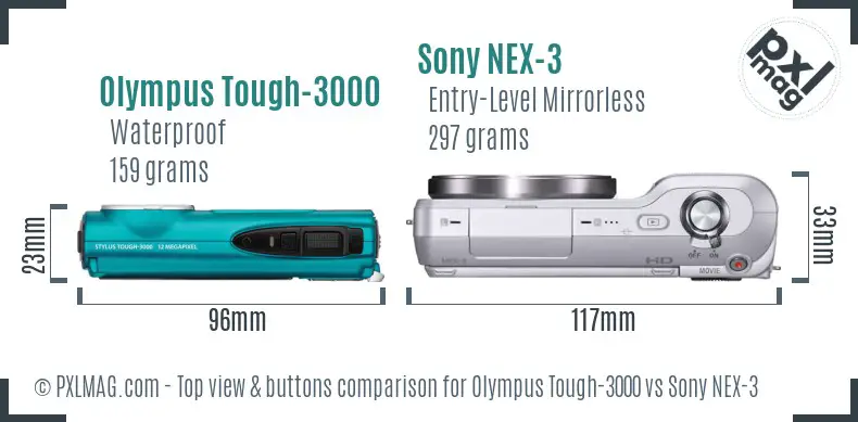 Olympus Tough-3000 vs Sony NEX-3 top view buttons comparison