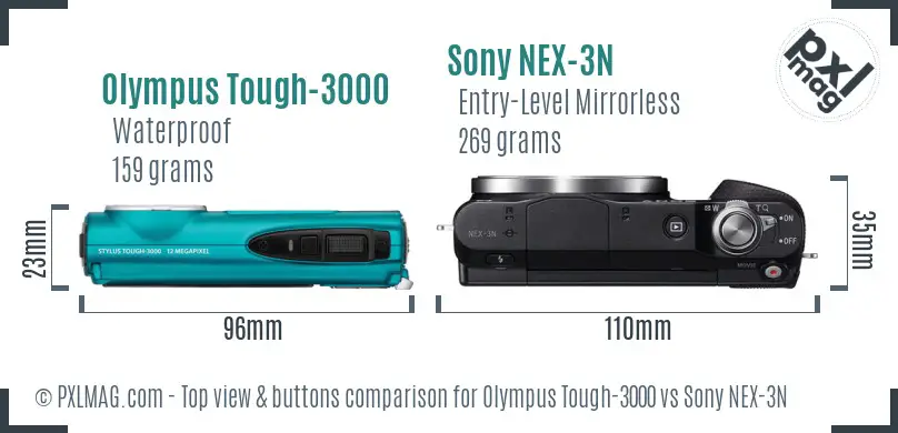 Olympus Tough-3000 vs Sony NEX-3N top view buttons comparison