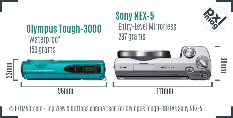 Olympus Tough-3000 vs Sony NEX-5 top view buttons comparison