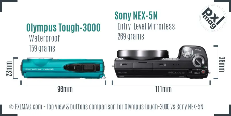 Olympus Tough-3000 vs Sony NEX-5N top view buttons comparison