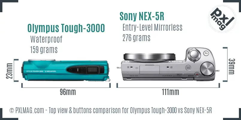 Olympus Tough-3000 vs Sony NEX-5R top view buttons comparison