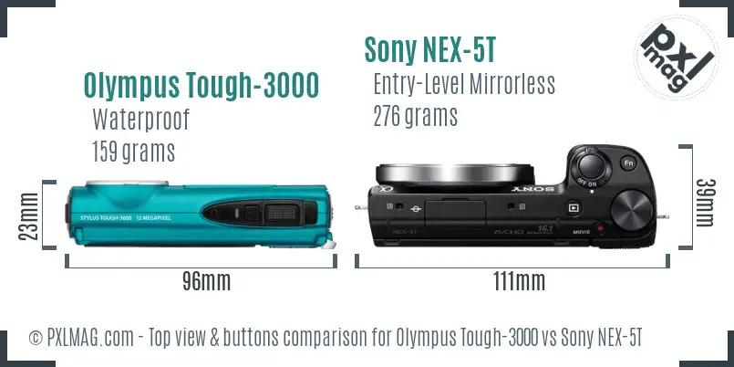 Olympus Tough-3000 vs Sony NEX-5T top view buttons comparison