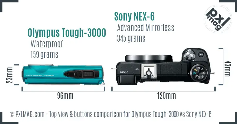 Olympus Tough-3000 vs Sony NEX-6 top view buttons comparison