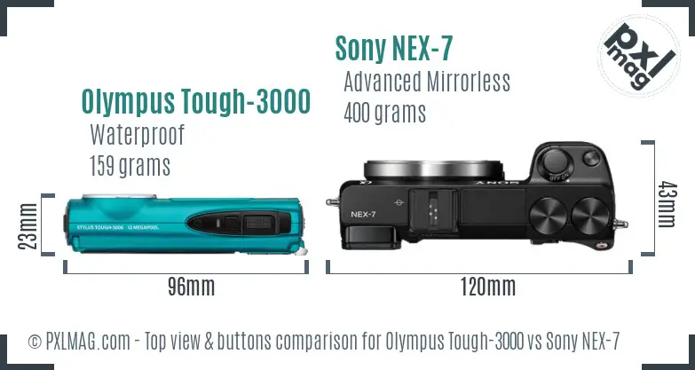 Olympus Tough-3000 vs Sony NEX-7 top view buttons comparison