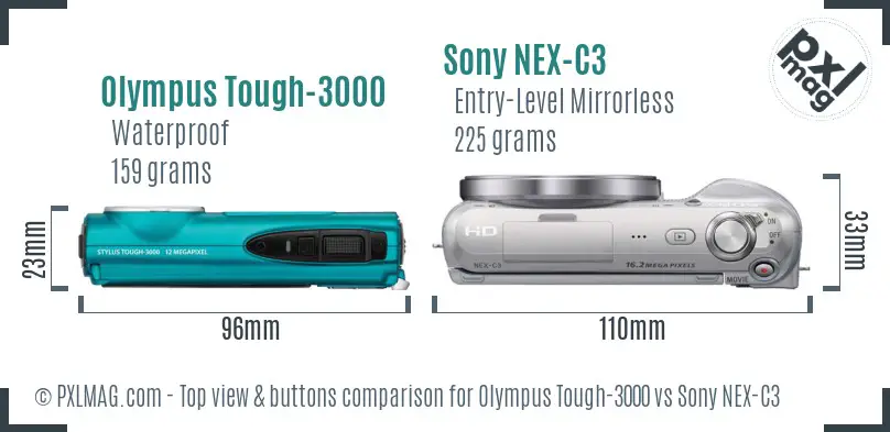 Olympus Tough-3000 vs Sony NEX-C3 top view buttons comparison