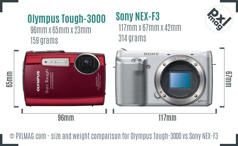 Olympus Tough-3000 vs Sony NEX-F3 size comparison