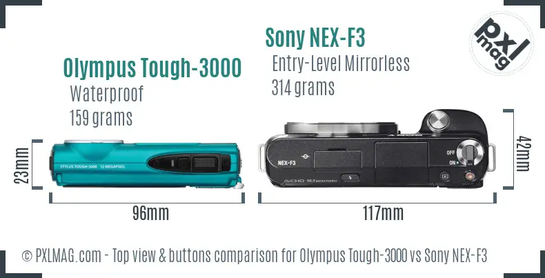 Olympus Tough-3000 vs Sony NEX-F3 top view buttons comparison