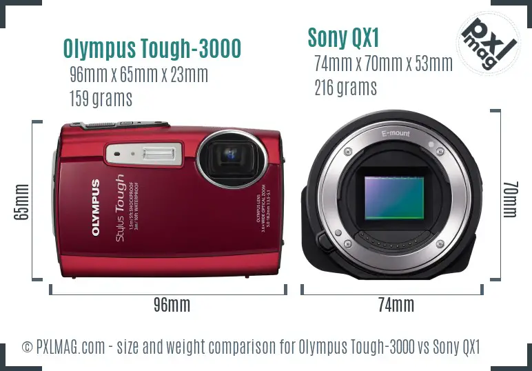 Olympus Tough-3000 vs Sony QX1 size comparison