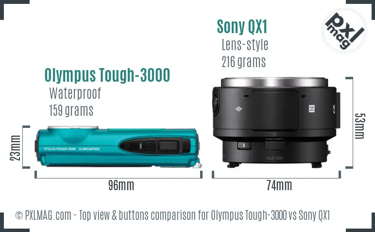 Olympus Tough-3000 vs Sony QX1 top view buttons comparison