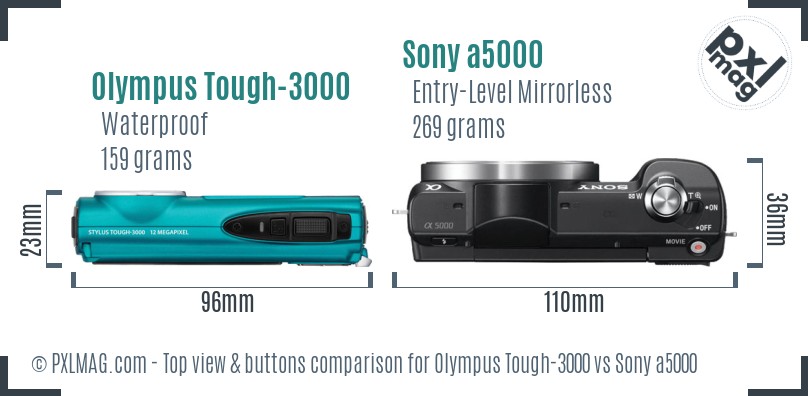 Olympus Tough-3000 vs Sony a5000 top view buttons comparison