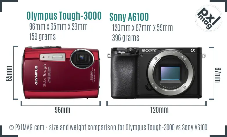 Olympus Tough-3000 vs Sony A6100 size comparison