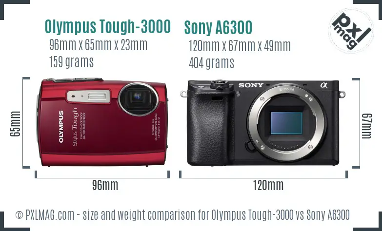 Olympus Tough-3000 vs Sony A6300 size comparison