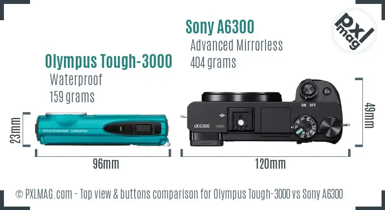 Olympus Tough-3000 vs Sony A6300 top view buttons comparison